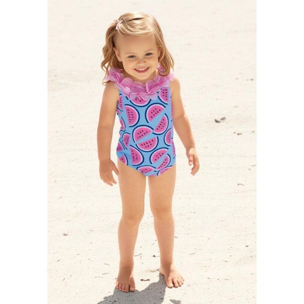 Watermelon And Ruffle Neckline Blue & Pink Swimsuit Size 2t